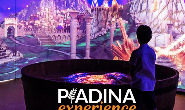 Un enfant explore une expérience interactive immersive avec des paysages fantastiques.