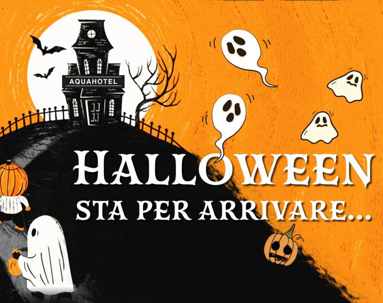 Preparati per Halloween all'Aquahotel con fantasmi e zucche.